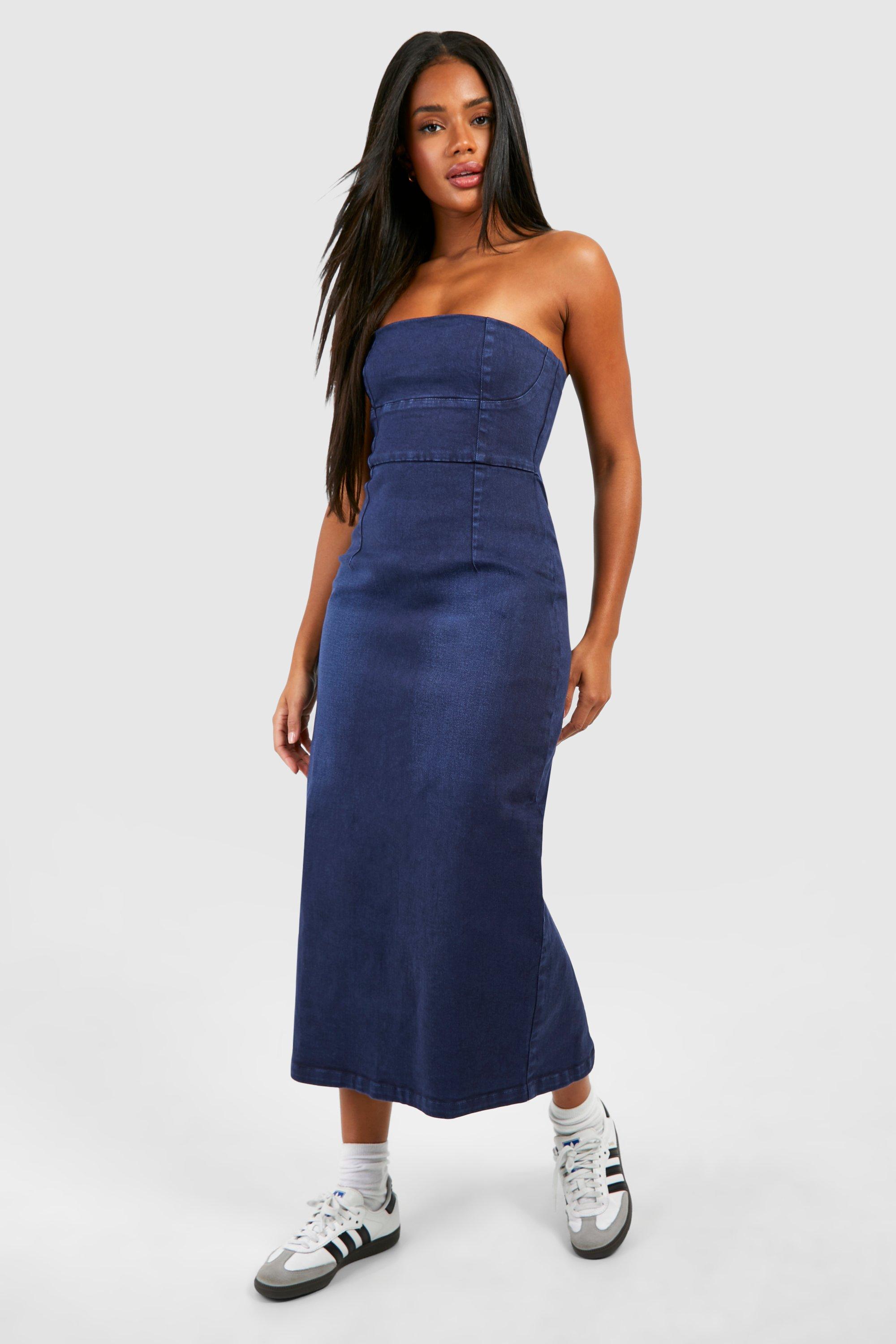 Bandeau Column Denim Maxi Dress boohoo FI